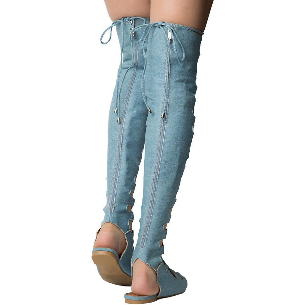 Size 7.5 Denim Lace-Up Over Knee Gladiator Sandals - Picture 3 of 3